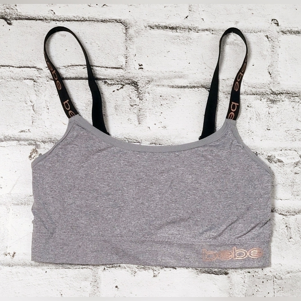 Bebe Logo Strap Sports Bra Gray Black Athleisure Y2K Medium